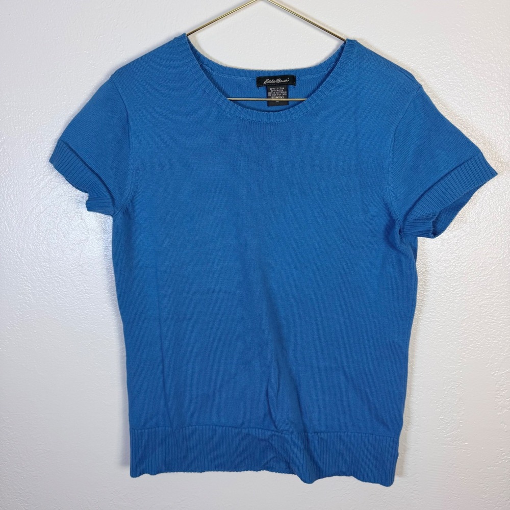 VTG Eddie Bauer Women's M Blue Short Sleeve Cotton Blend Sweater Coastal Prep